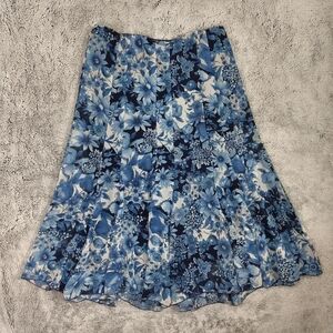 2000s Y2K Dressbarn Blue White Digital Floral Spring Summer Midi Maxi Skirt Med